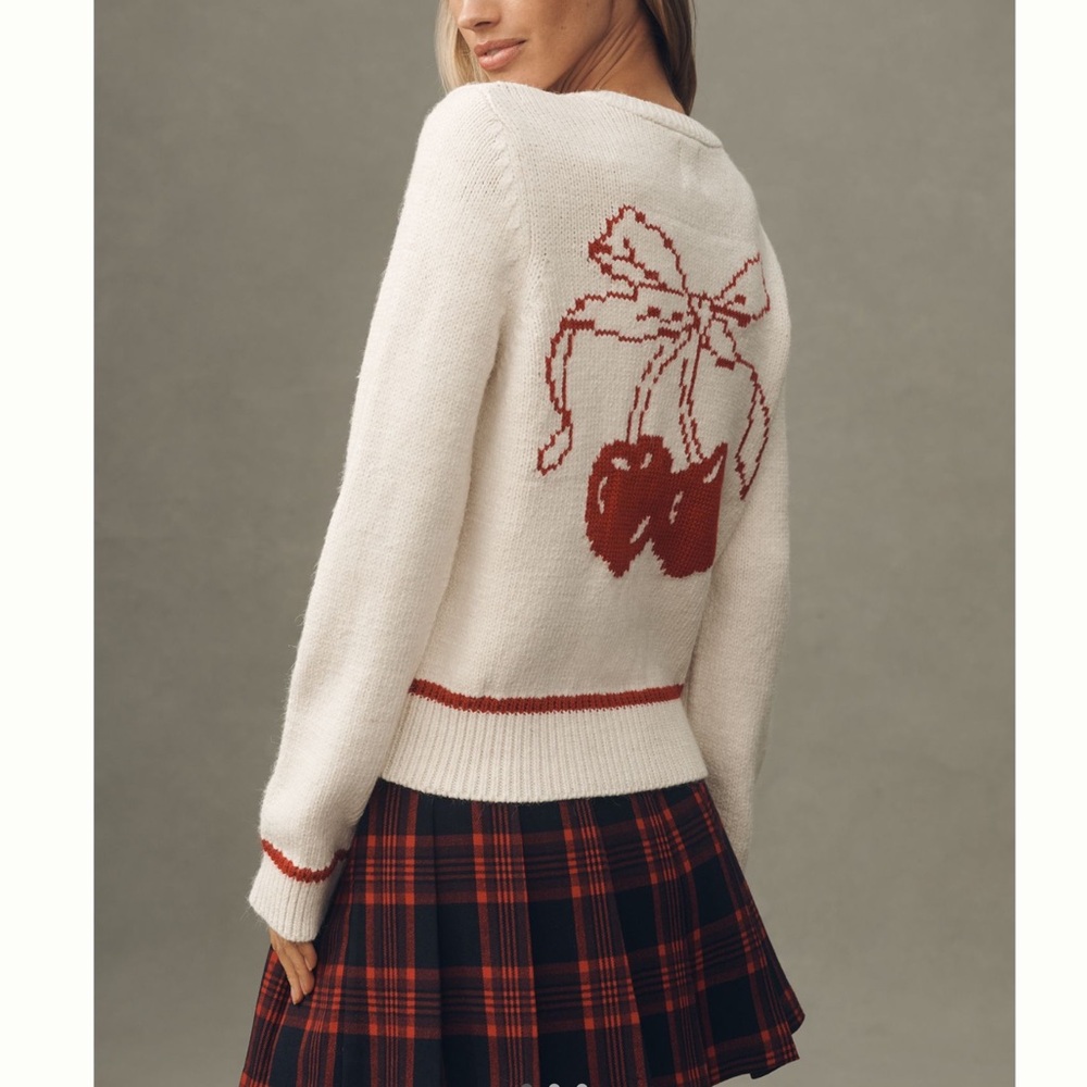 🍒Anthropologie Cherry Sweater Maeve Icon Cardigan New Small Fruit Ivory Red